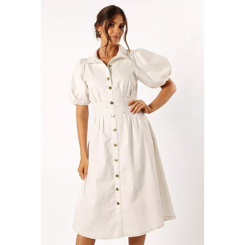 Petal & Pup NWT Women's Sollie Puff Sleeve Midi Dress Size XS White Denim Casual
